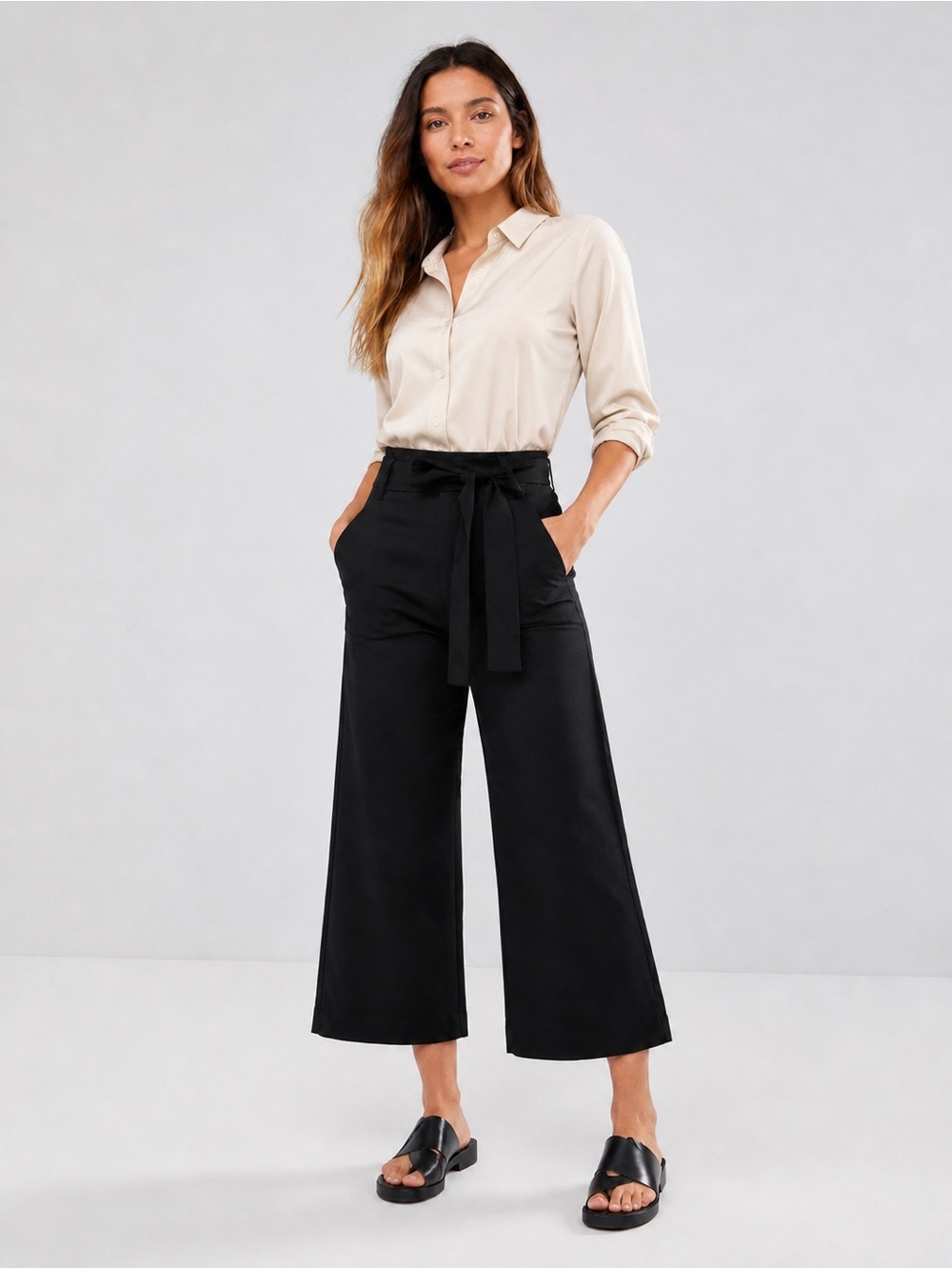 High-Waist Wide Leg Tie-Belt Pants in Black